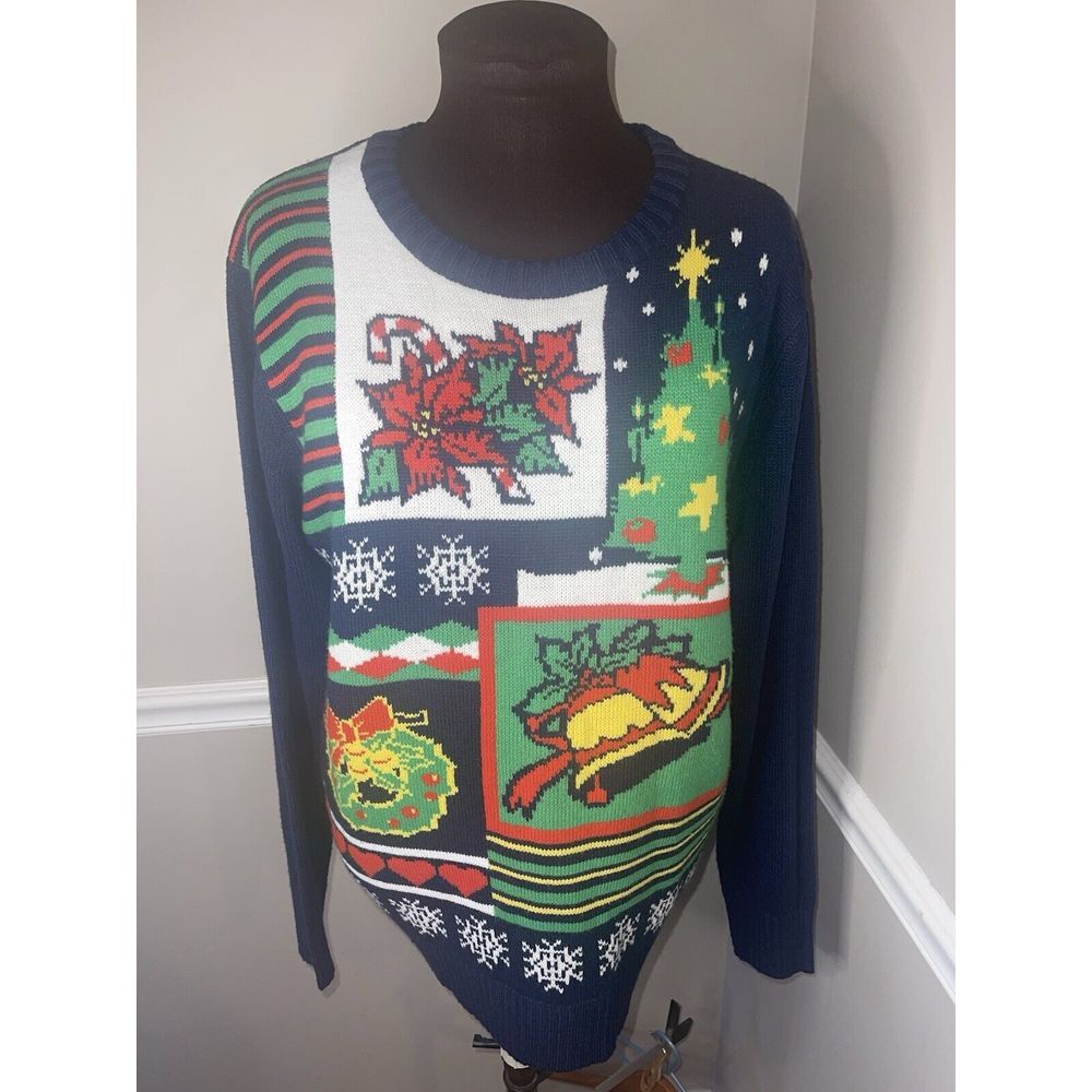 JEM Holiday Sweater Ugly Christmas Sweater‎ Mens Sz L Navy Blue